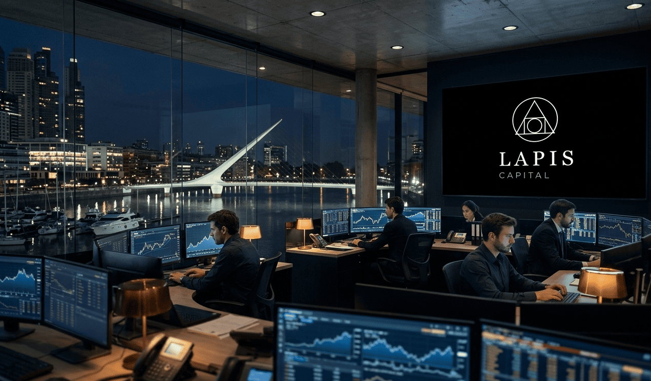 Lapis Capital trading floor at night, overlooking Puerto Madero